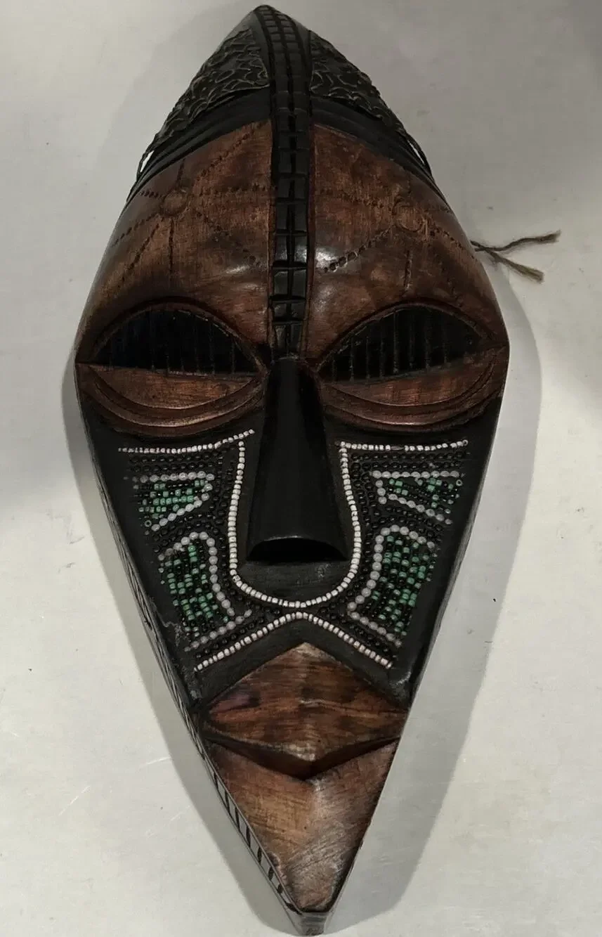 Hand Carved Ghana African Tribal Mask Wood Wall Art Beaded Decor Made in Ghana